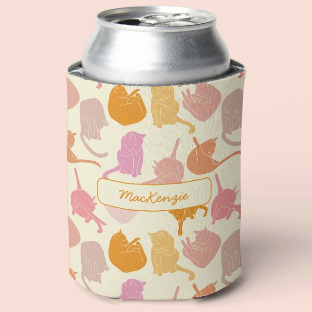 Cat Pattern Pink Orange Personalised Can Cooler (Creator Uploaded)