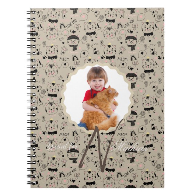 Cat Patterns Monogram Personalised Your Kids Photo Notebook (Front)