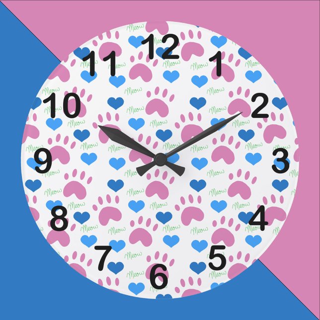 Cat Paw Hearts Meow Pink Blue Pattern Large Clock (A clock with a pattern of pink cat paws, blue hearts and green meows with black numbers.)
