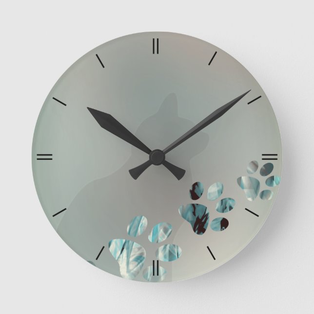 Cat Paw Light Blue Black Round Clock (Front)
