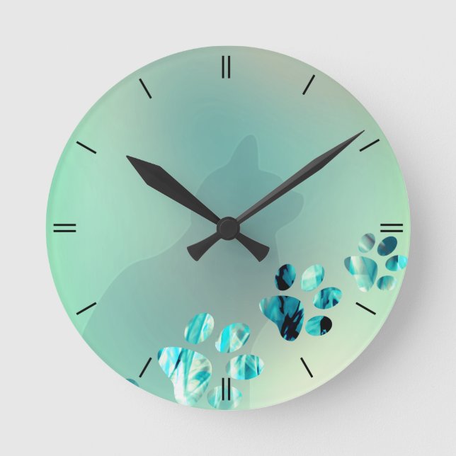 Cat Paw Light Blue Teal Round Clock (Front)