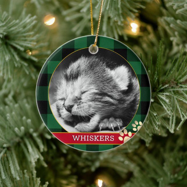 Cat Paw Print, Buffalo Plaid, baby Kitten Photo Ceramic Ornament (Tree)