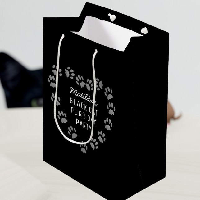 Cat Paw Print Heart Pet Birthday Black Gift Bag (Purrfect gift bag for your black cat's purrday (or yours) Add your text)
