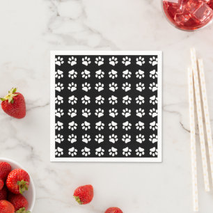 Cat Paw Print Pattern Black and White Birthday Napkin