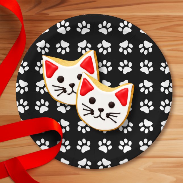 Cat Paw Print Pattern Black and White Birthday Paper Plate (Creator Uploaded)
