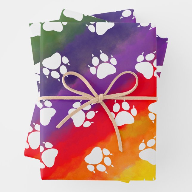 Cat Paw Print Rainbow Watercolor Custom Wrapping Paper Sheet (In situ)