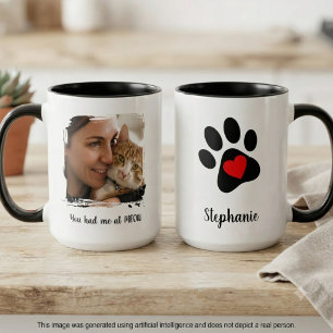 Cat paw print red heart Two-Tone coffee mug