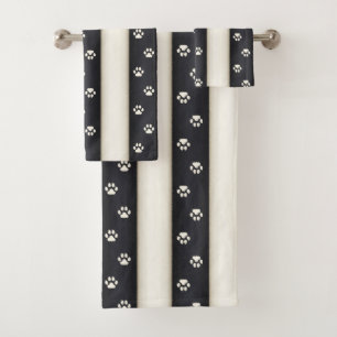 Cat Paw Prints Black & Antique White Stripes Bath Towel Set