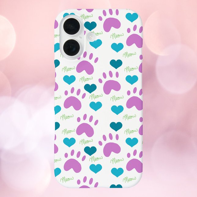 Cat Paw Prints Hearts Meow Pattern Pink Teal Green Case-Mate iPhone Case (A phone case with a pattern of pink cat paw prints, teal hearts and the word meow in green)