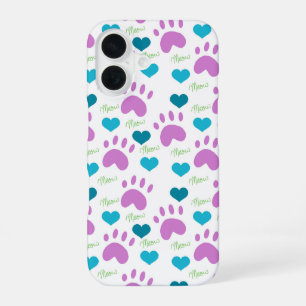 Cat Paw Prints Hearts Meow Pattern Pink Teal Green iPhone 16 Case