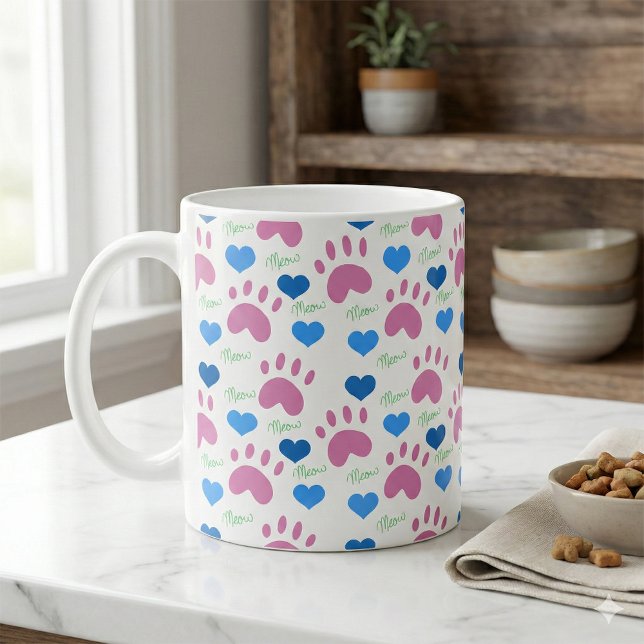 Cat Paw Prints Hearts Meow Pink Blue Green Coffee Mug (A mug with a pink, green & blue pattern of cat paw prints, hearts and meows.)