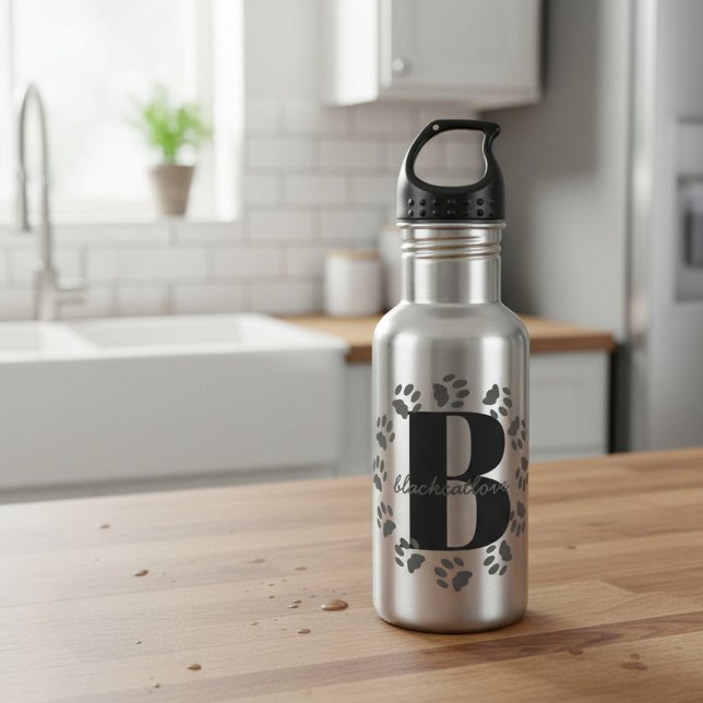 Cat Paw Prints Monogram Water Bottle (Add your initial and name to this pet paw print water bottle)