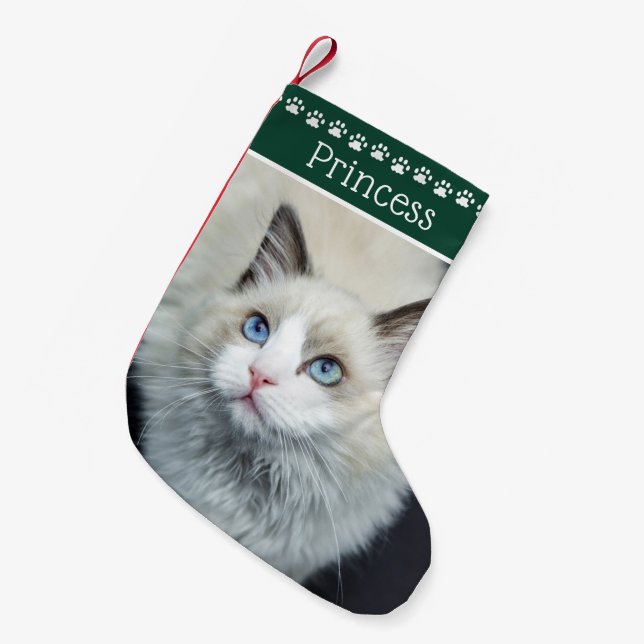 Cat Paw Prints Name Green Small Christmas Stocking (Front (Hanging))
