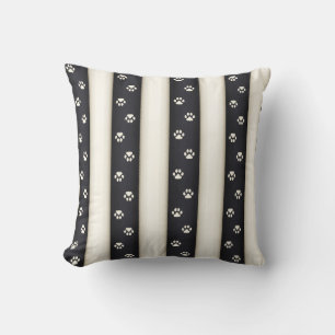 Cat Paw Prints on Black & Antique White Stripes Cushion