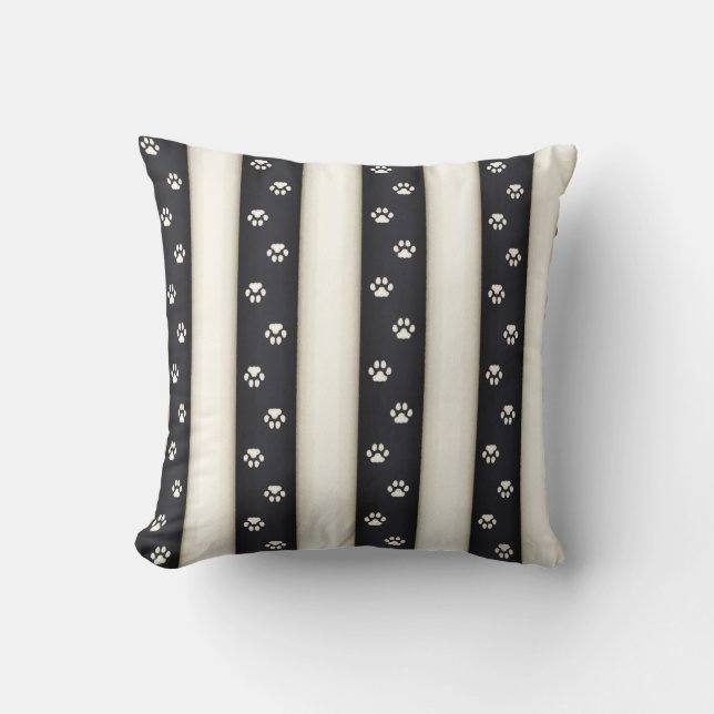 Cat Paw Prints on Black & Antique White Stripes Cushion (Front)