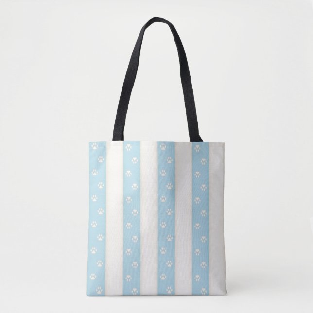Cat Paw Prints on Pale Blue & Antique White Stripe Tote Bag (Front)