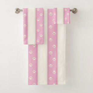 Cat Paw Prints on Pink & Antique White Stripes Bath Towel Set