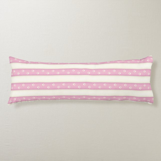 Cat Paw Prints on Pink & Antique White Stripes Body Cushion (Front)