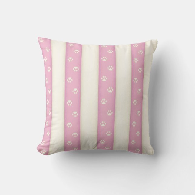 Cat Paw Prints on Pink & Antique White Stripes Cushion (Front)