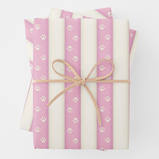 Cat Paw Prints on Pink & Antique White Stripes Wrapping Paper Sheet (In situ)