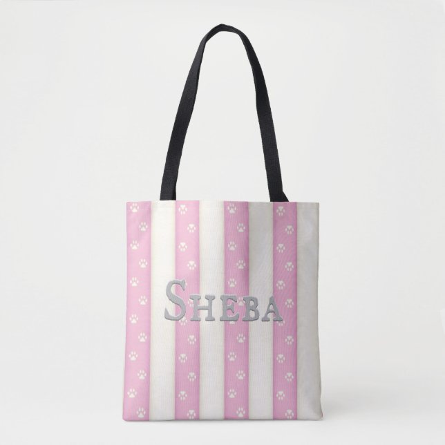 Cat Paw Prints on Pink & White Stripes Custom Tote Bag (Front)