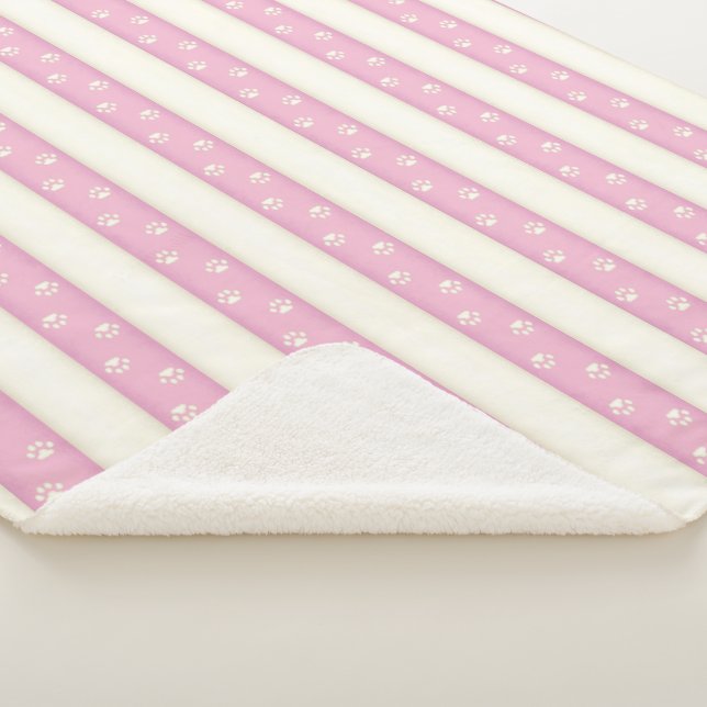 Cat Paw Prints Pink & Antique White Stripes Sherpa Blanket (3/4)