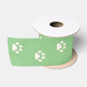 Cat Paw Prints Walking on Light Green 3" Satin Ribbon
