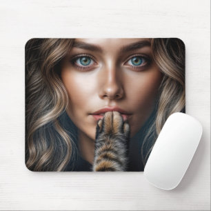 Cat Paw Silencing a Pretty Woman Mouse Pad