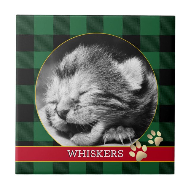Cat Pawprint, Buffalo Plaid, baby Kitten Photo Ceramic Tile (Front)