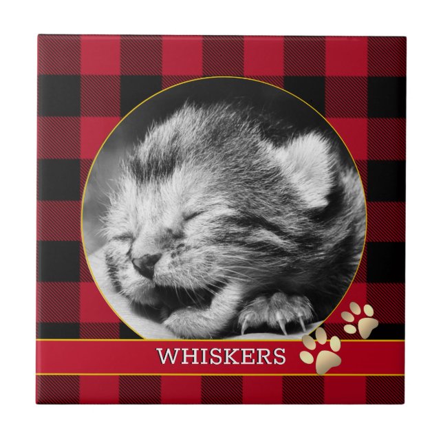 Cat Pawprint, Red Buffalo Plaid, baby Kitten Photo Ceramic Tile (Front)