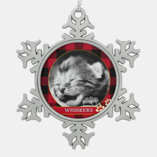 Cat Pawprint, Red Buffalo Plaid, baby Kitten Photo Snowflake Pewter Christmas Ornament