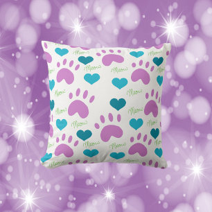 Cat Paws Hearts Meow Pattern Pink Teal Green Cushion