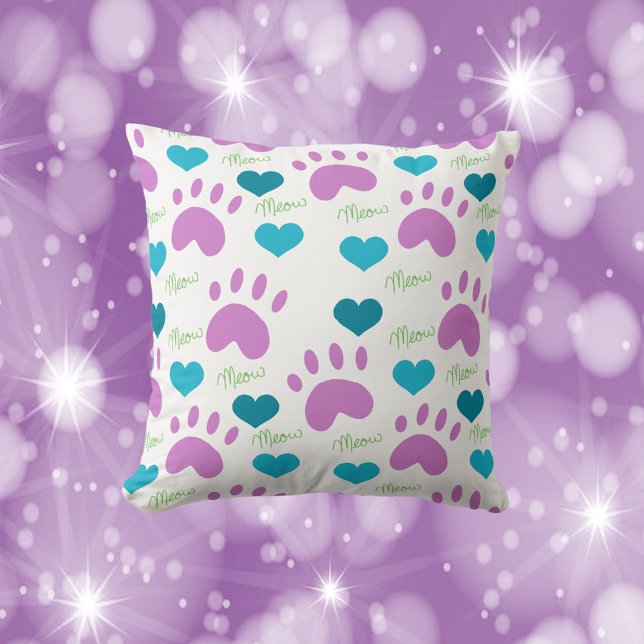Cat Paws Hearts Meow Pattern Pink Teal Green Cushion (A cute throw pillow with a pattern of hearts, cat paw prints and the word meow)