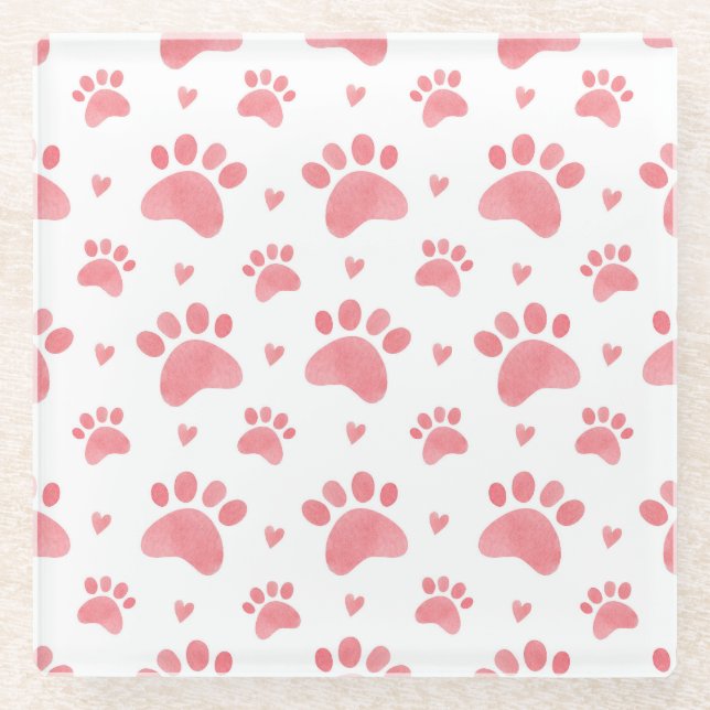 Cat Paws Watercolor Pattern Glass Coaster (Front)