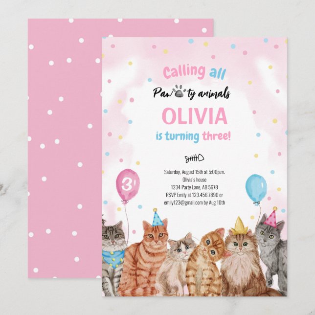 Cat Pawty Animals Girl Birthday Invitation (Front/Back)