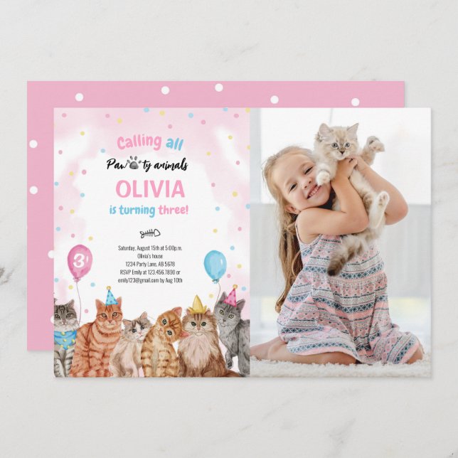 Cat Pawty Animals Girl Birthday Photo Invitation (Front/Back)