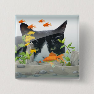 Cat Peering in Fish Tank 15 Cm Square Badge
