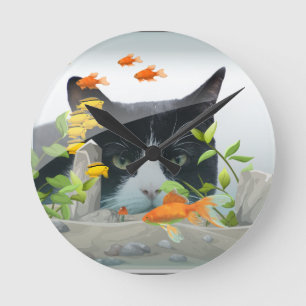 Cat Peering in Fish Tank Round Clock
