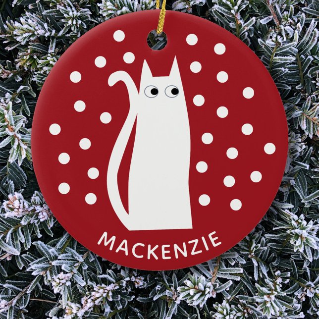 Cat Personalised Red White Ceramic Ornament (Red and white kitty cat fun personalized name Christmas ornament)