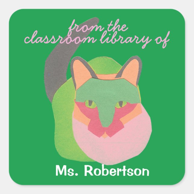 Cat personalized teacher gift bookplate square sticker (Front)