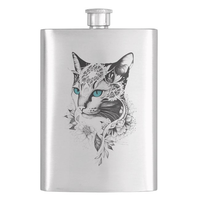 Cat Pet Animal Nature Illustration Art Tattoo Hip Flask (Front)