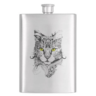 Cat Pet Animal Nature Illustration Art Tattoo Hip Flask