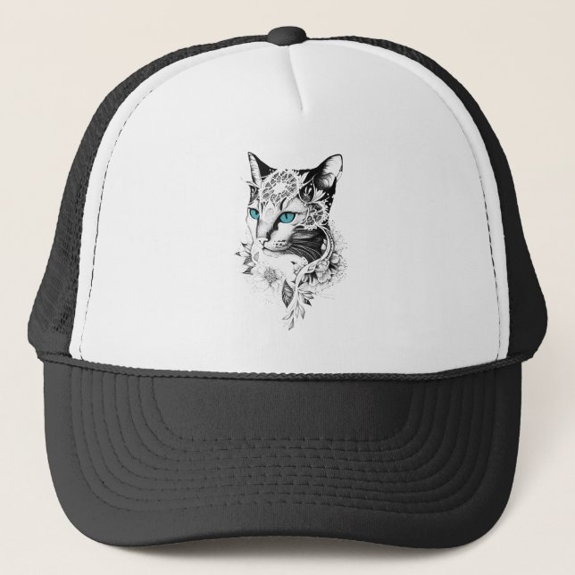 Cat Pet Animal Nature Illustration Art Tattoo Trucker Hat (Front)