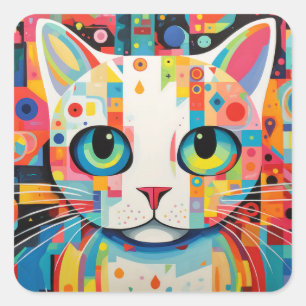 Cat Pet Animal Portrait Colourful Painting Square Sticker