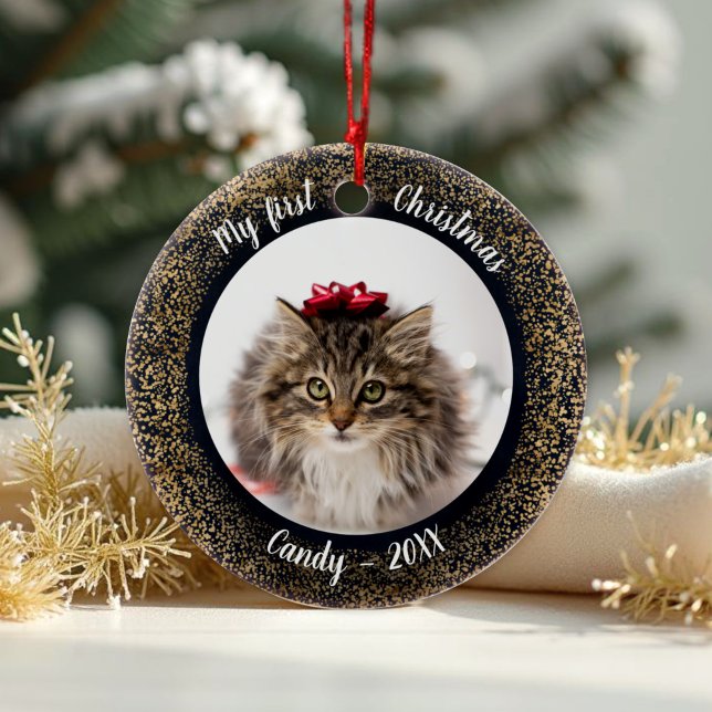 Cat Pet First Christmas Photo Circle Frame Ceramic Ornament (Creator Uploaded)