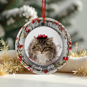 Cat Pet First Christmas Photo Red Berry Wreath Ceramic Ornament