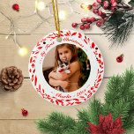 Cat Pet First Christmas Photo Red Wreath Ceramic Ornament<br><div class="desc">Cat Pet First Christmas Photo Red Wreath Ceramic Ceramic Ornament</div>