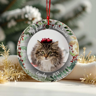 Cat Pet First Christmas Photo Rusti Wreaths Ceramic Ornament