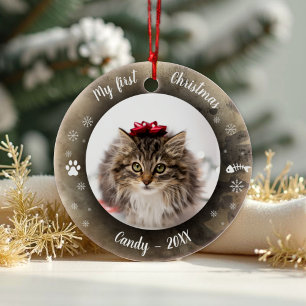 Cat Pet First Christmas Photo Rustic Animal Print Ceramic Ornament