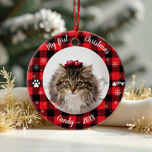 Cat Pet First Christmas Photo Rustic Buffalo Check Ceramic Ornament